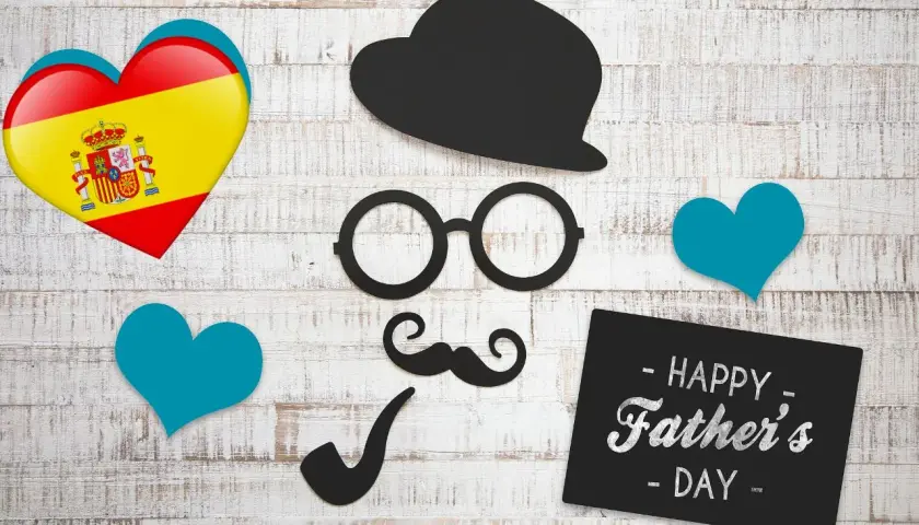 Serce z flagą Hiszpanii, czarny kapelusz, okulary, wąsy, fajka i napis "Happy Father's Day". Padre, co to znaczy?