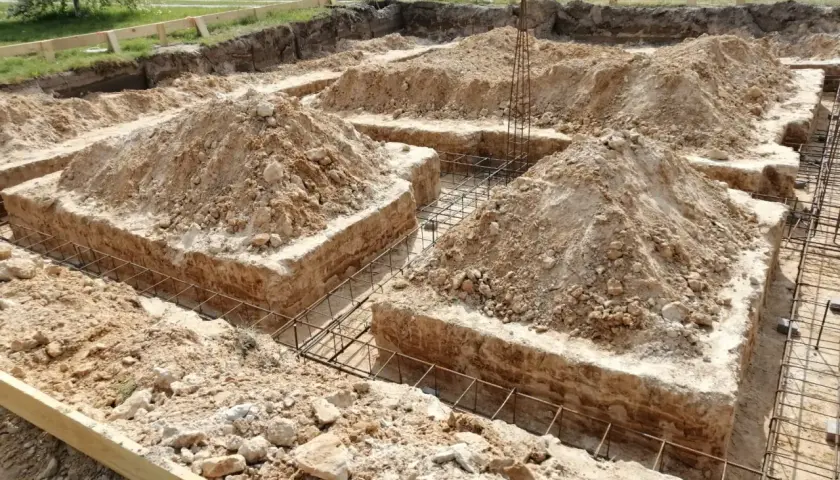 Wykop pod fundamenty bez szalunku, z widoczną zbrojeniem i usypaną ziemią.