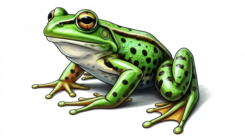 Zielona, nakrapiana żaba, czyli "grenouille" po francusku, siedzi na białym tle.