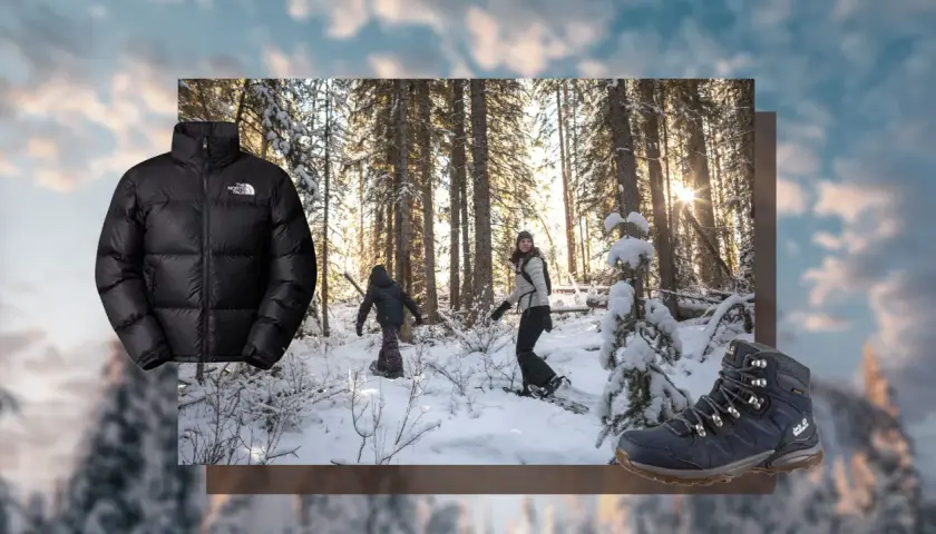 Schwarze Daunenjacke, Wanderstiefel und zwei Personen beim Schneeschuhwandern im Wald. Ideal für norwegische Outdoor-Marken.
