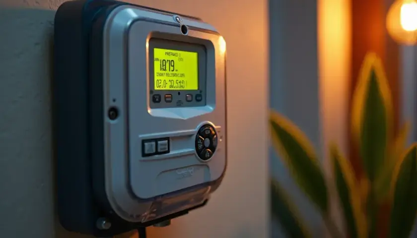 Cyfrowy licznik energii elektrycznej z wyświetlaczem pokazującym stan energii. To urządzenie umożliwia doładowanie licznika przedpłatowego.