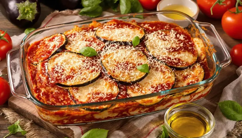 Aubergines à la parmigiana, une véritable recette italienne, dans un plat en verre, garnie de parmesan râpé et de feuilles de basilic frais.