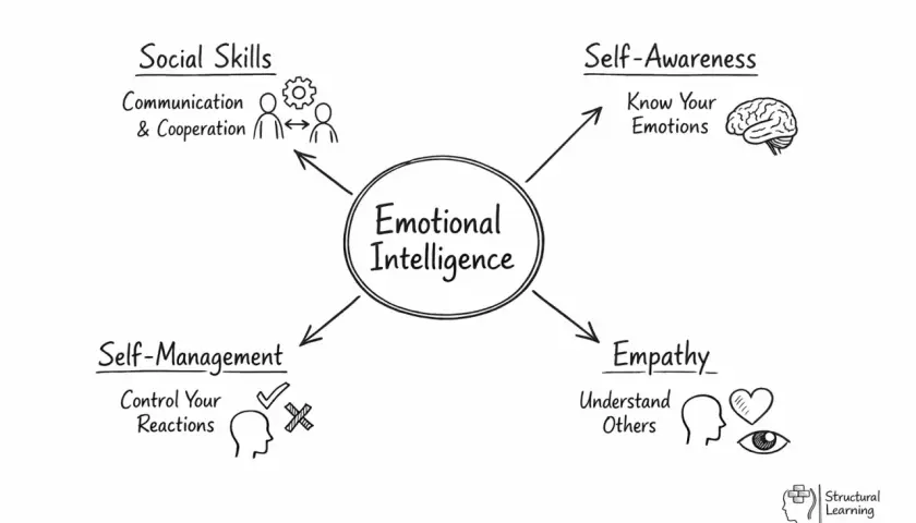 Diagram of Emotional Intelligence, showing Self-Awareness, Self-Management, Social Skills, and Empathy as key components. This illustrates what is emotional hygiene.