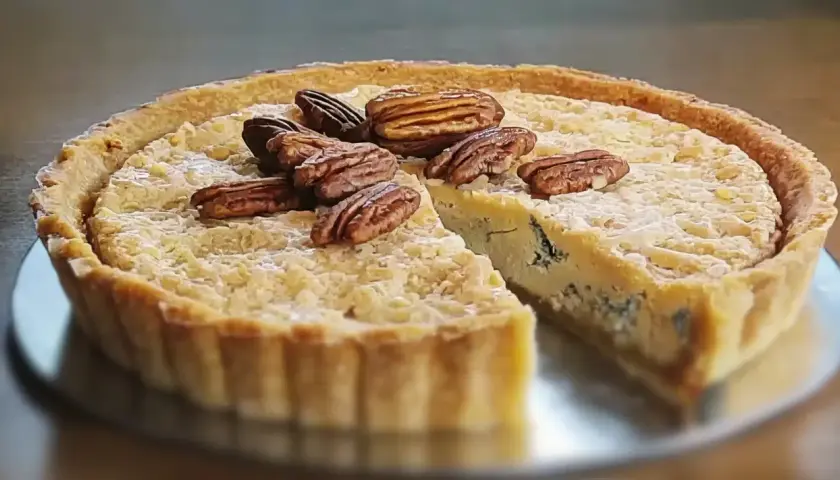 Une part de quiche au bleu, garnie de noix de pécan, sur une assiette.