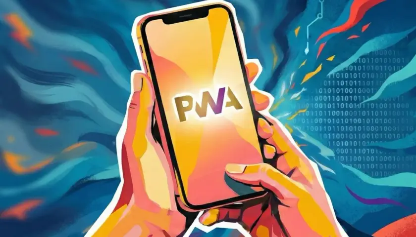 Mains tenant un smartphone affichant "PWA". Une illustration abstraite suggère comment mettre un site en application.