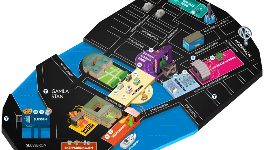 Karta över Stockholm med områden som Gamla Stan, Norrmalm och Södermalm. Flera platser är markerade för kulturfestivalen Stockholm, med scener och aktiviteter.