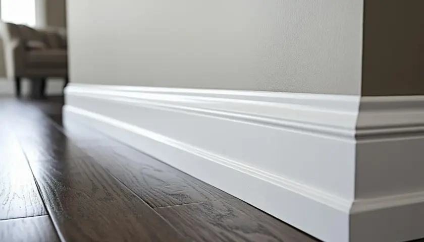 Biały, ozdobny cokół tworzy elegancką linię między ciemną, drewnianą podłogą a jasną ścianą.