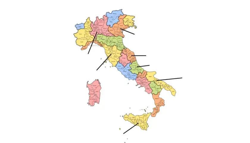 Farbige Karte Italiens mit Regionen, die Weinanbaugebiete Italiens Karte darstellen.