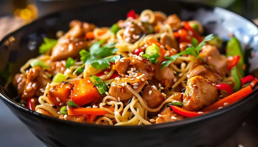 En närbild av en wok med kyckling, nudlar, grönsaker och sesamfrön. Ett perfekt wok recept för en snabb och god middag.