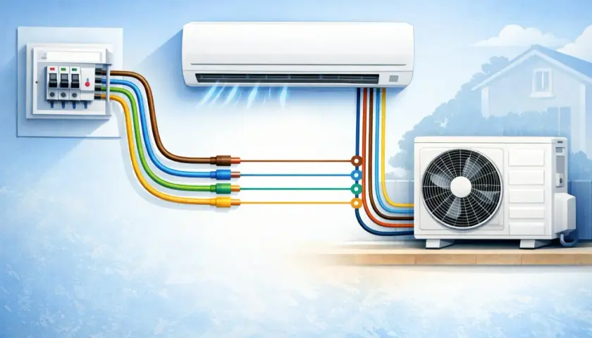Diagrama de instalación de aire acondicionado, mostrando la unidad interior, exterior y el panel eléctrico. El cambio del compresor aire acondicionado es un paso clave.