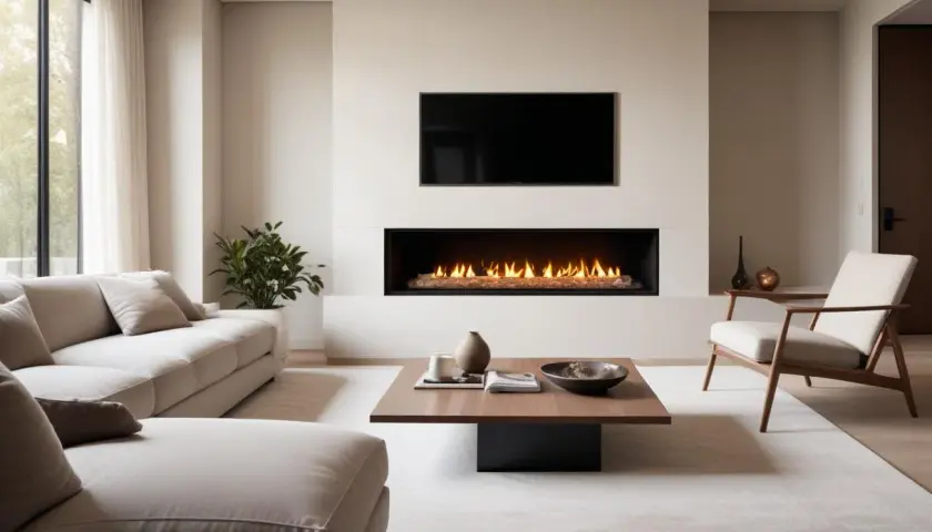 Ett modernt vardagsrum med en elegant inbyggnadskamin som ger värme och atmosfär. En bekväm soffa och en fåtölj inbjuder till avkoppling.