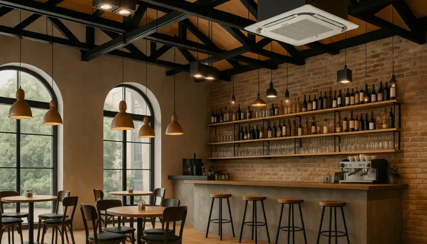 Interior de un bar con mesas, sillas, barra, estanterías llenas de botellas y un aire acondicionado en el techo, creando un ambiente de local climatizado.