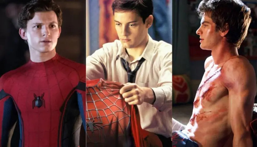 Trois acteurs de Spiderman : Tom Holland, Tobey Maguire et Andrew Garfield, montrant leurs costumes ou leurs blessures.