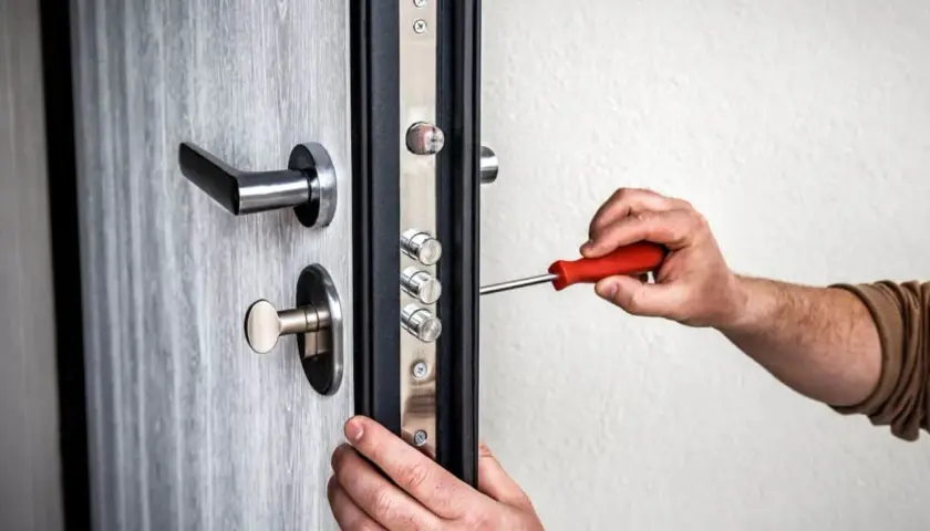 Maintenant, on ajuste le pêne porte avec un tournevis. La serrure de sécurité est en cours d'installation sur la porte grise.