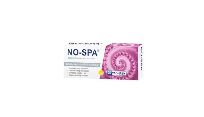 Opakowanie leku NO-SPA forte z 20 tabletkami, wskazane na bóle brzucha, np. przy bolesnym miesiączkowaniu.