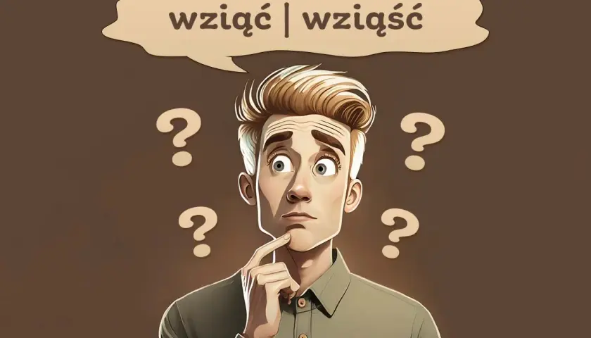 Zamyślony mężczyzna z pytajnikami wokół głowy zastanawia się, czy poprawnie napisać "wziąć" czy "wziąść".