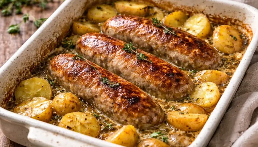 Trois saucissons à cuire dorés, accompagnés de pommes de terre au four coupées en rondelles, le tout dans un plat en céramique.