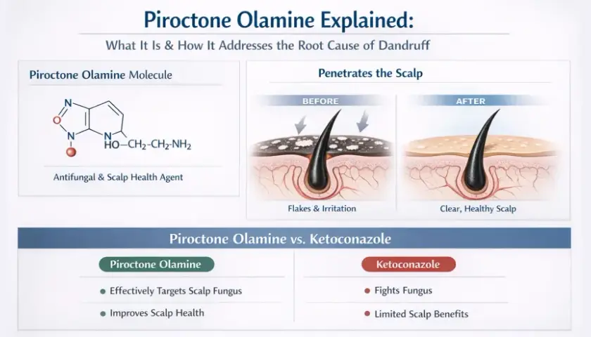 Molekuła Piroctone Olamine, środek przeciwgrzybiczy, który przenika skórę głowy, eliminując łupież i poprawiając jej zdrowie.