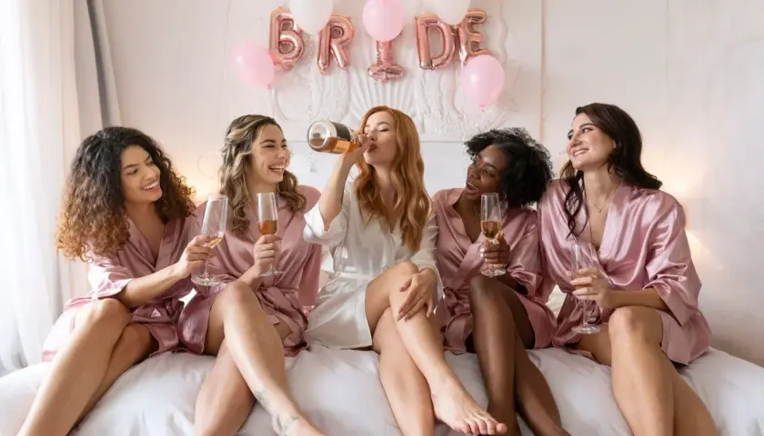 Pięć kobiet w satynowych szlafroczkach świętuje wieczór panieński, pijąc szampana. Balony z napisem "BRIDE" tworzą tło.