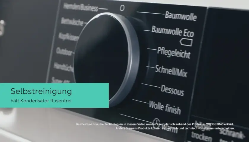 Siemens Trockner Symbole Bedeutung: Das Bedienfeld zeigt Programme wie Baumwolle, Pflegeleicht und Selbstreinigung.