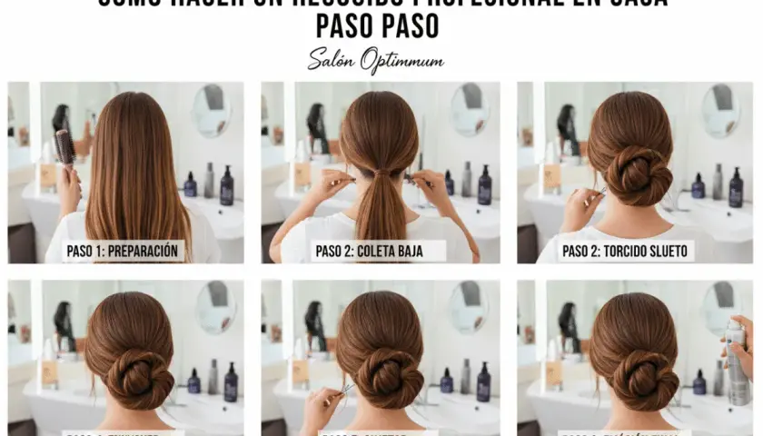 Tutorial paso a paso para crear un moño bajo elegante. Se muestra cómo preparar el cabello, hacer una coleta, torcerla y fijarla para un look profesional.
