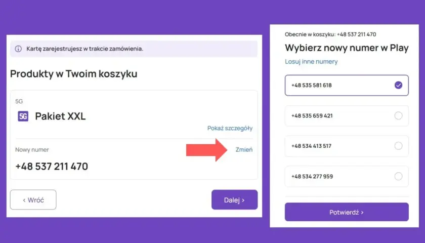 Wybieranie nowego numeru telefonu w Play. Widoczny jest obecny numer i opcje wyboru nowego numeru na kartę.