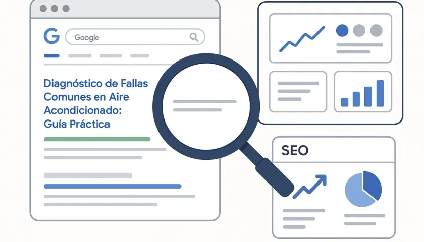 Lupa sobre un resultado de búsqueda de Google para "Diagnóstico de Fallas Comunes en Aire Acondicionado: Guía Práctica", junto a gráficos de SEO.