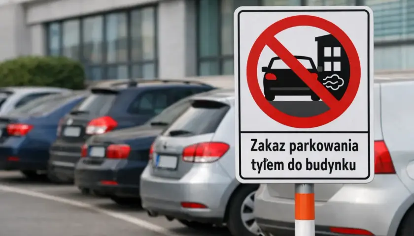 Znak zakazu parkowania tyłem do budynku. Samochody stoją zaparkowane w rzędzie.