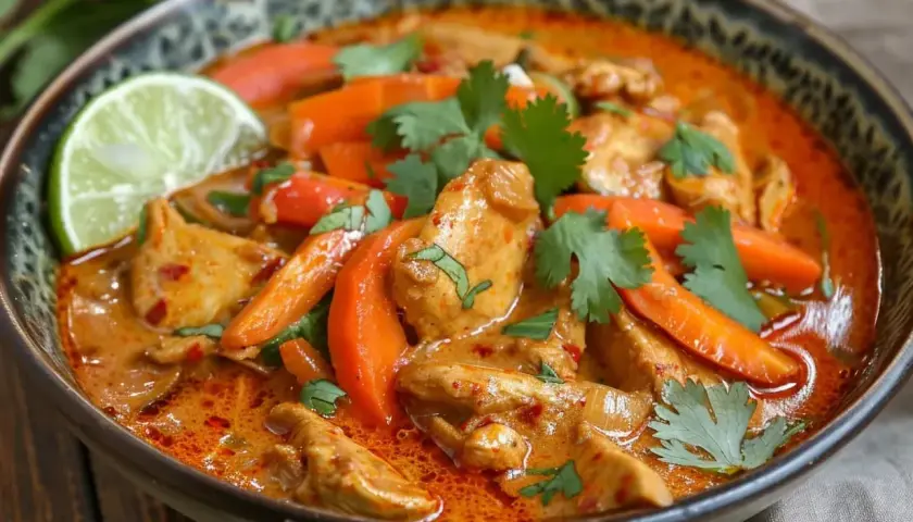 En skål med kyckling i krämig red curry med morötter och lime.