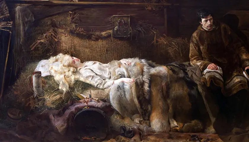 Jacek Malczewski dzieła: mężczyzna czuwa przy śpiącej kobiecie w chatce.