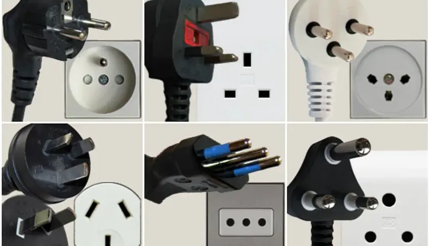 Różne rodzaje gniazdek elektrycznych i wtyczek z całego świata.