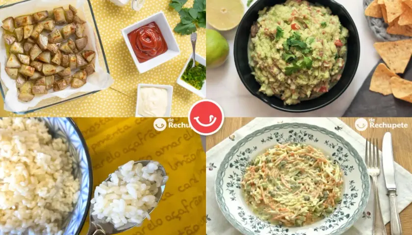 Cuatro guarniciones de verduras: patatas asadas, guacamole, ensalada de col y zanahoria, y arroz blanco.