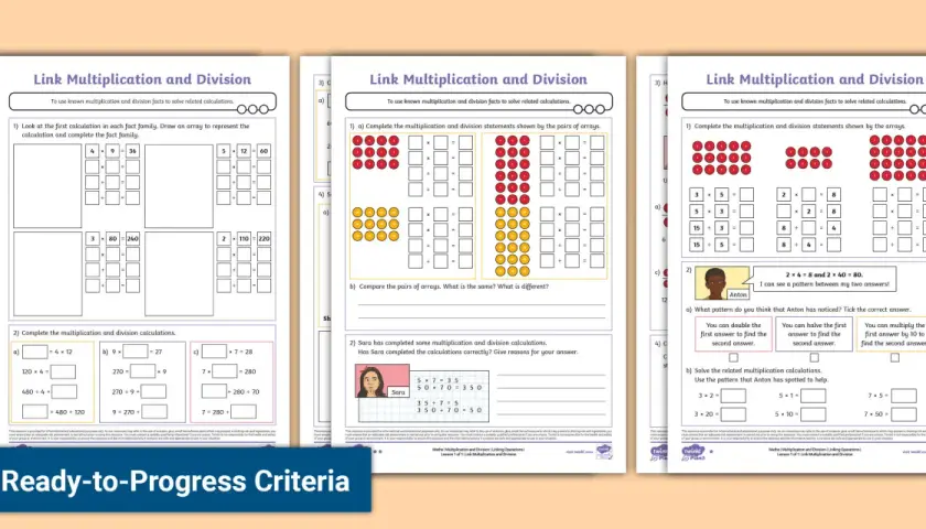 Hojas de trabajo con ejercicios de multiplicaciones y divisiones, incluyendo arrays y resolución de problemas.