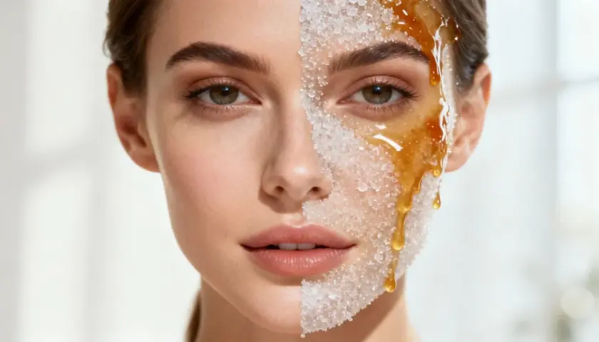 Gesicht einer Frau mit einer Hälfte, die mit Zucker bedeckt ist, und der anderen Hälfte, auf der Honig tropft. Ein süßes Peeling für die verzuckerung der haut.