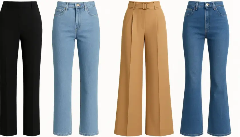 Guide coupe pantalon femme : un pantalon noir, deux jeans bleus et un pantalon camel évasé.