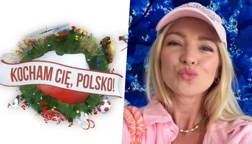 Wieniec z napisem "Kocham Cię, Polsko!" i wizerunek kobiety wysyłającej całusa.