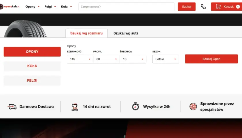 Wyszukiwarka opon z polami do wyboru rozmiaru, profilu i średnicy. Możliwość wyszukiwania po marce opon.