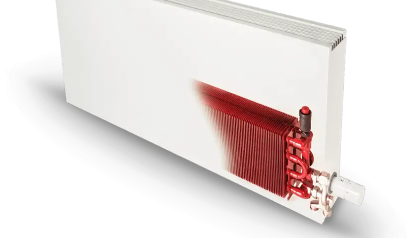 Biały grzejnik z widocznym czerwonym, aluminiowym elementem grzewczym. Jedno żeberko aluminiowe na ile m2?
