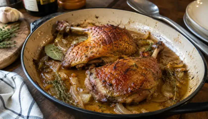 Deux cuisses de canard dorées mijotent dans une sauce savoureuse avec des oignons et des herbes, prêtes à être dégustées.