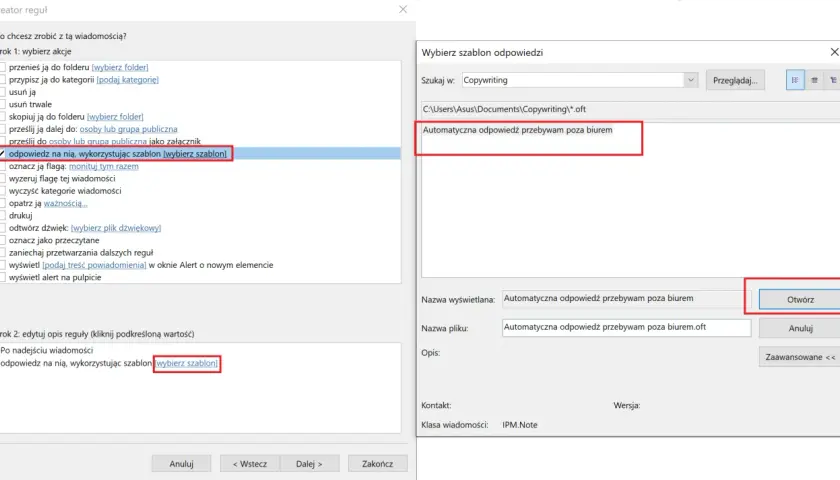 Ustawienie reguły automatycznej odpowiedzi na wiadomości, wykorzystując szablon "Automatyczna odpowiedź przebywam poza biurem".