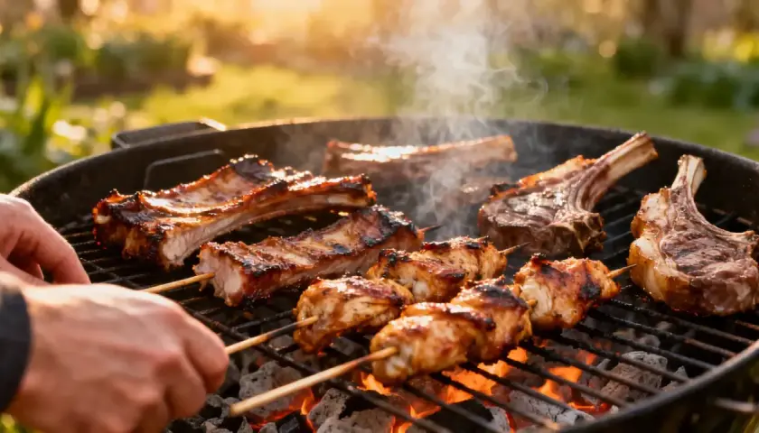 Des côtelettes d'agneau et des brochettes de poulet grillent sur un barbecue, dégageant une fumée alléchante. Un délice d'agneau barbecue en plein air.