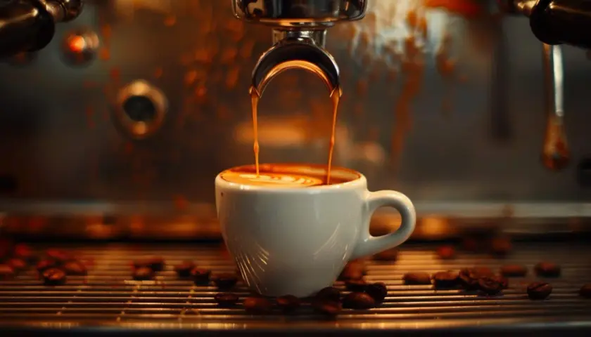 Frisch gebrühter Espresso fließt in eine Tasse, das perfekte Espresso Rezept. Kaffeebohnen liegen auf dem Gitter.