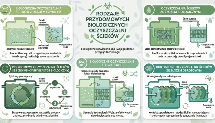 Schemat pokazuje, jak działa przydomowa oczyszczalnia ścieków. Różne technologie, jak osad czynny, złoże biologiczne, SBR, hybrydowe i obrotowe, oczyszczają ścieki.