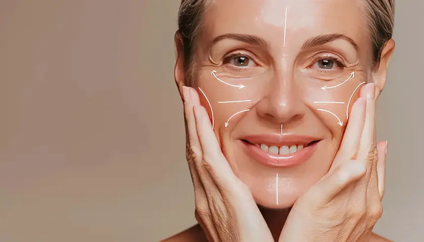 Volto di donna con linee bianche che indicano le rughe nasogeniene e altre zone del viso, mani che accarezzano le guance.