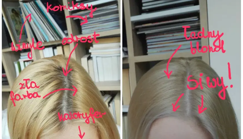 Przed i po farbowaniu na blond. Widać odrost, złą farbę i siwe włosy, które zostały zakryte.