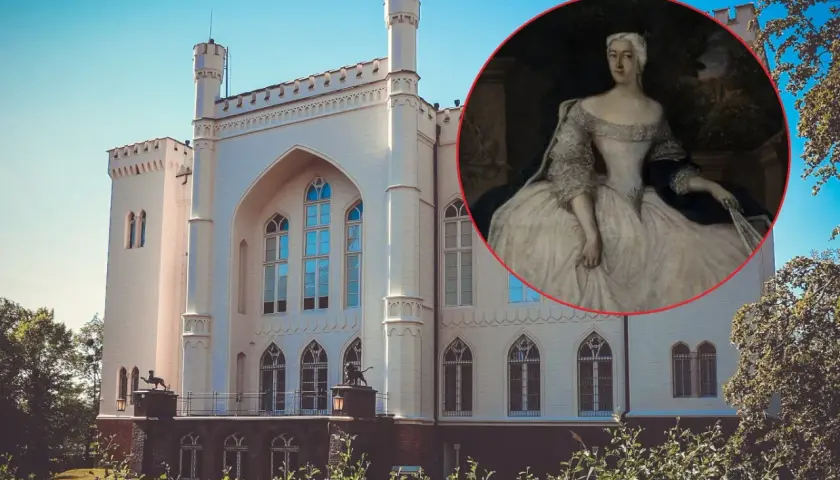 Zamek w Kórniku, znany z legendy o Białej Damie, prezentuje swoją neogotycką architekturę na tle błękitnego nieba.