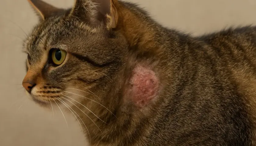 Un chat tigré présente une lésion cutanée rouge et irritée sur le flanc, ressemblant à un champignon sur la peau.