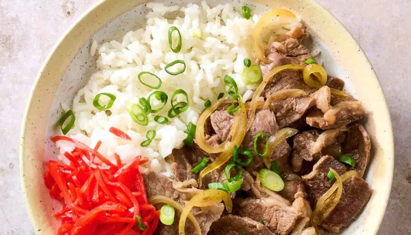 A delicious gyudon recipe featuring tender beef and onions over fluffy rice, garnished with pickled ginger and green onions.