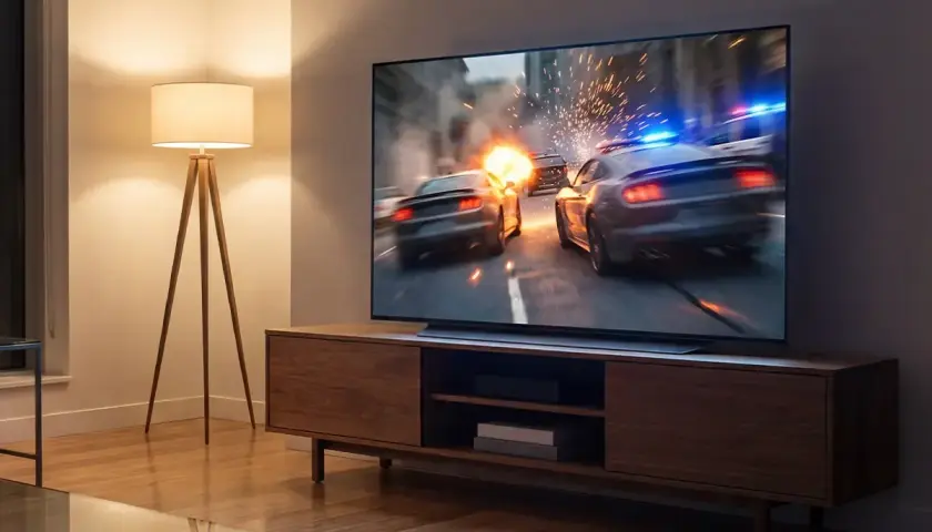 Na ekranie telewizora LG G4 65 cali dynamiczna scena pościgu samochodowego z wybuchami. Obok stoi lampa podłogowa.