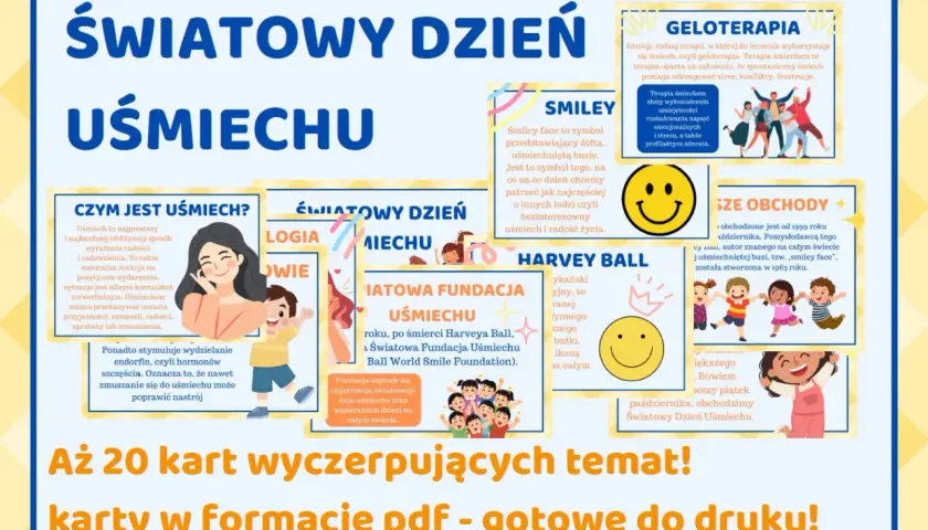 Ilustracja z tekstem "Światowy Dzień Uśmiechu" i grafikami przedstawiającymi uśmiechnięte osoby i symbole uśmiechu.
